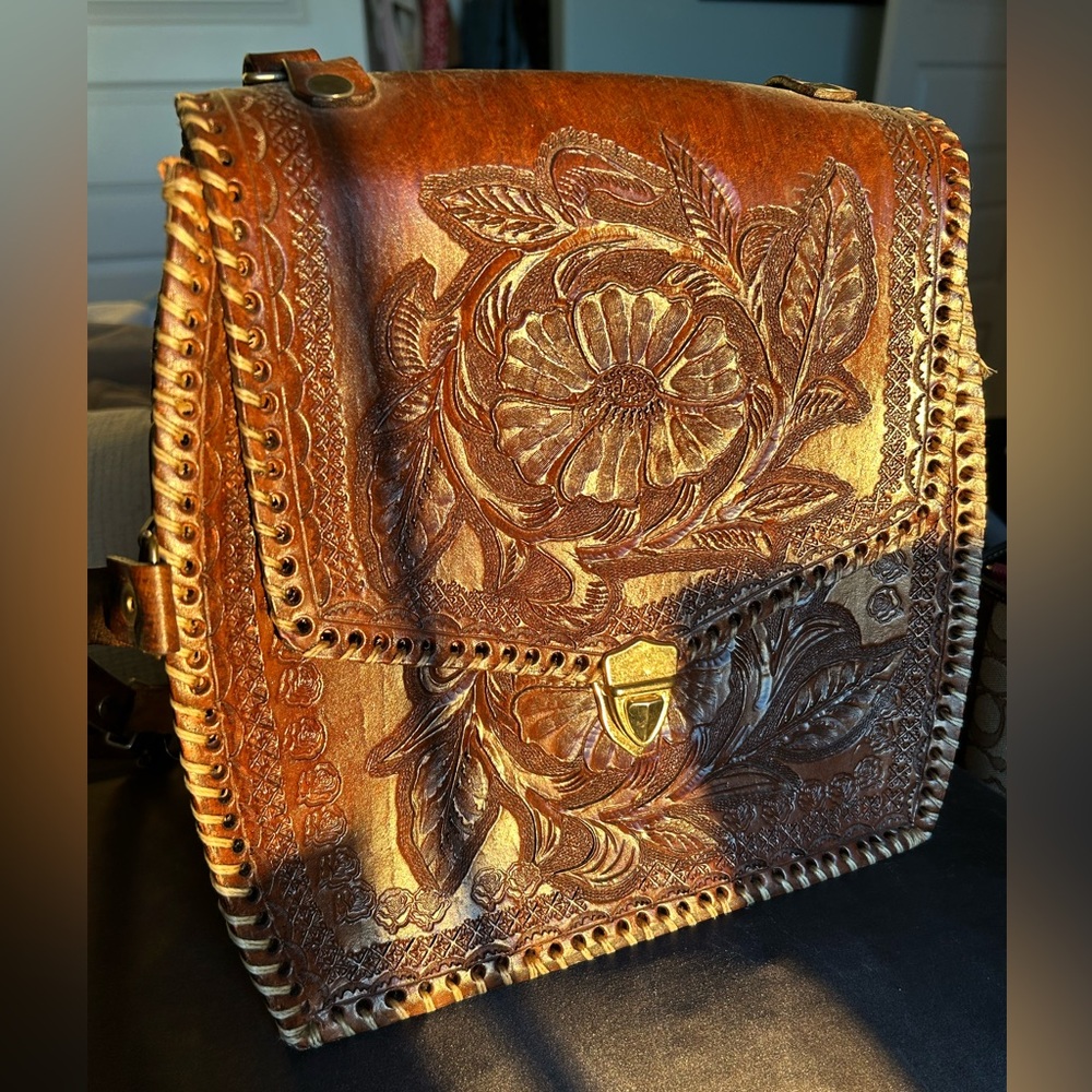 100% Handmade Floral carved Leather Bag